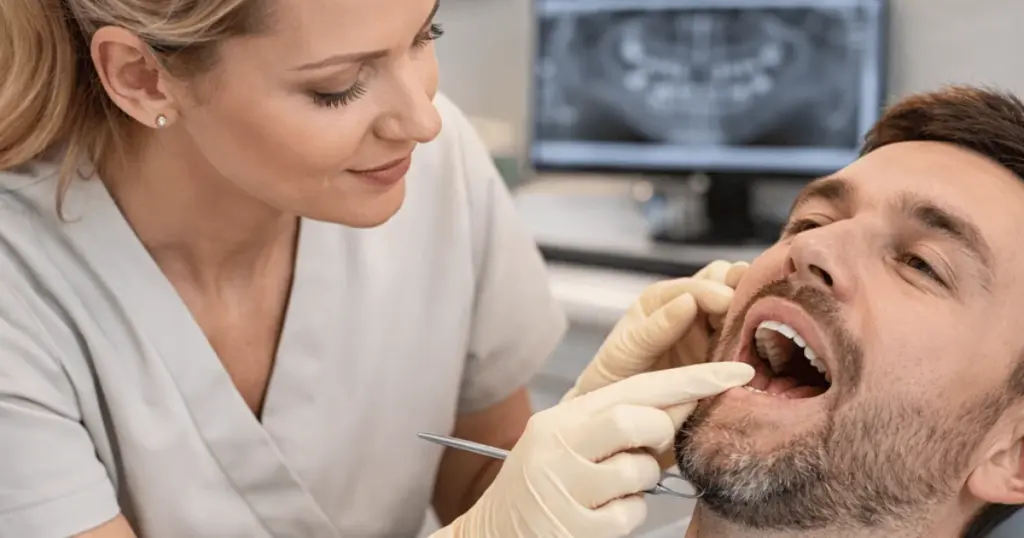 Dentist examining patient during professional dental consultation