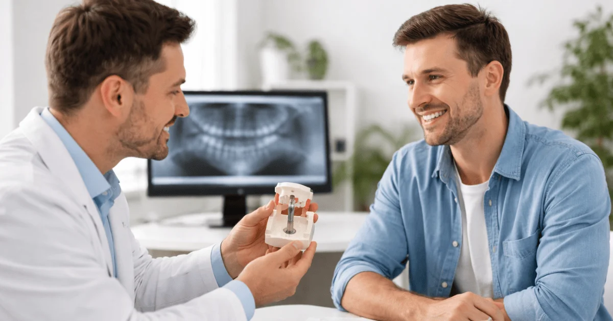 Dentist explaining dental implant treatment to patient during consultation