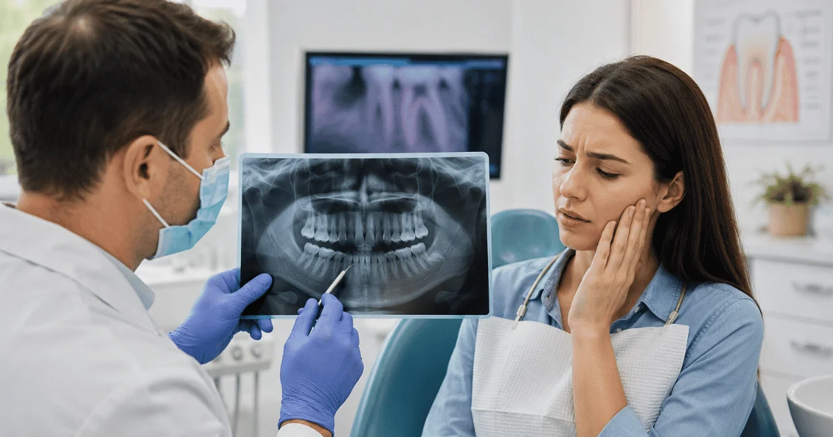 Dentist reviewing a dental X-ray with a patient experiencing tooth pain during a root canal therapy consultation