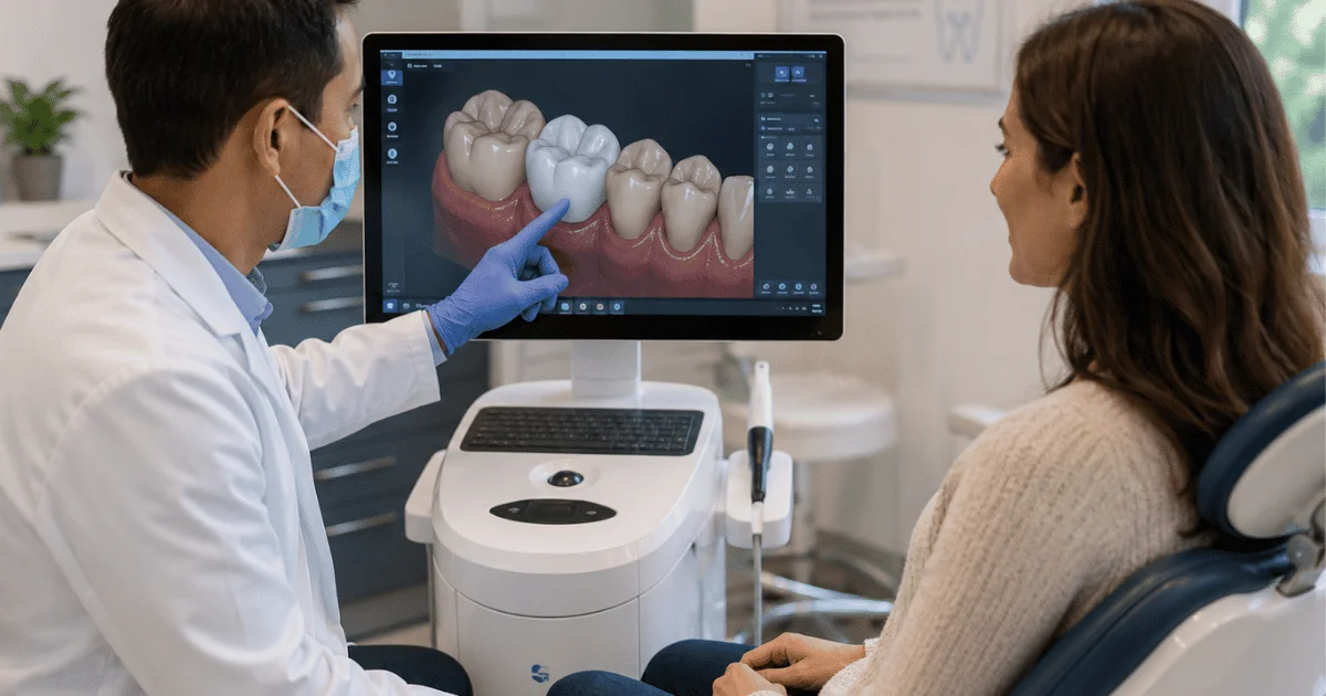 Dentist explaining same-day dental restoration treatment using digital imaging